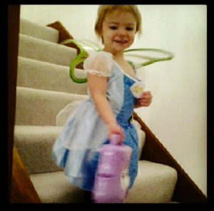 Dressed as Cindorabell (Cinderella + Dora + Tinkerbell = Cindorabell)